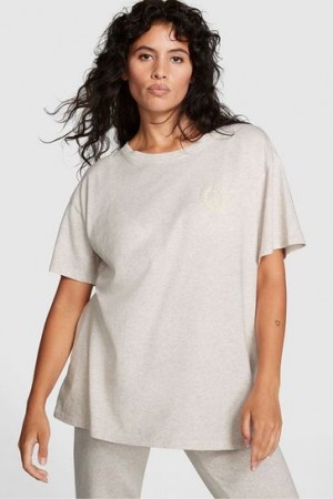 Beige Victorias Secret Short Sleeve Oversized Campus T Shirts | 716092-MUV