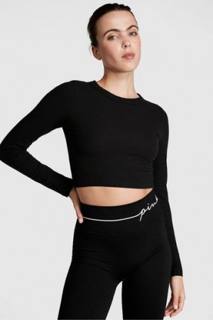 Black Victorias Secret Long Sleeve Ribbed T Shirts | 984075-XQH