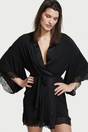 Black Victorias Secret Modal Lace Robe Lingerie | 598342-BSH