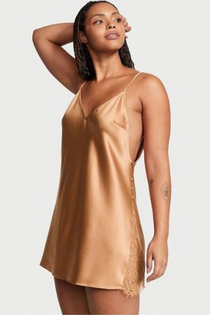 Black Victorias Secret Satin Plunge Button Side Slip Lingerie | 764385-NUF