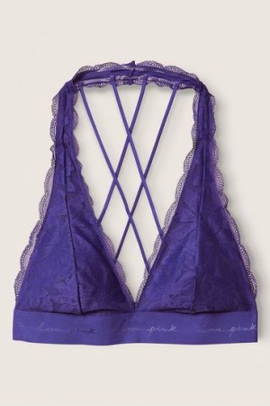 Indigo / Blue Victorias Secret Lace Strappy Back Halterneck Bralette Bras | 456028-ETP